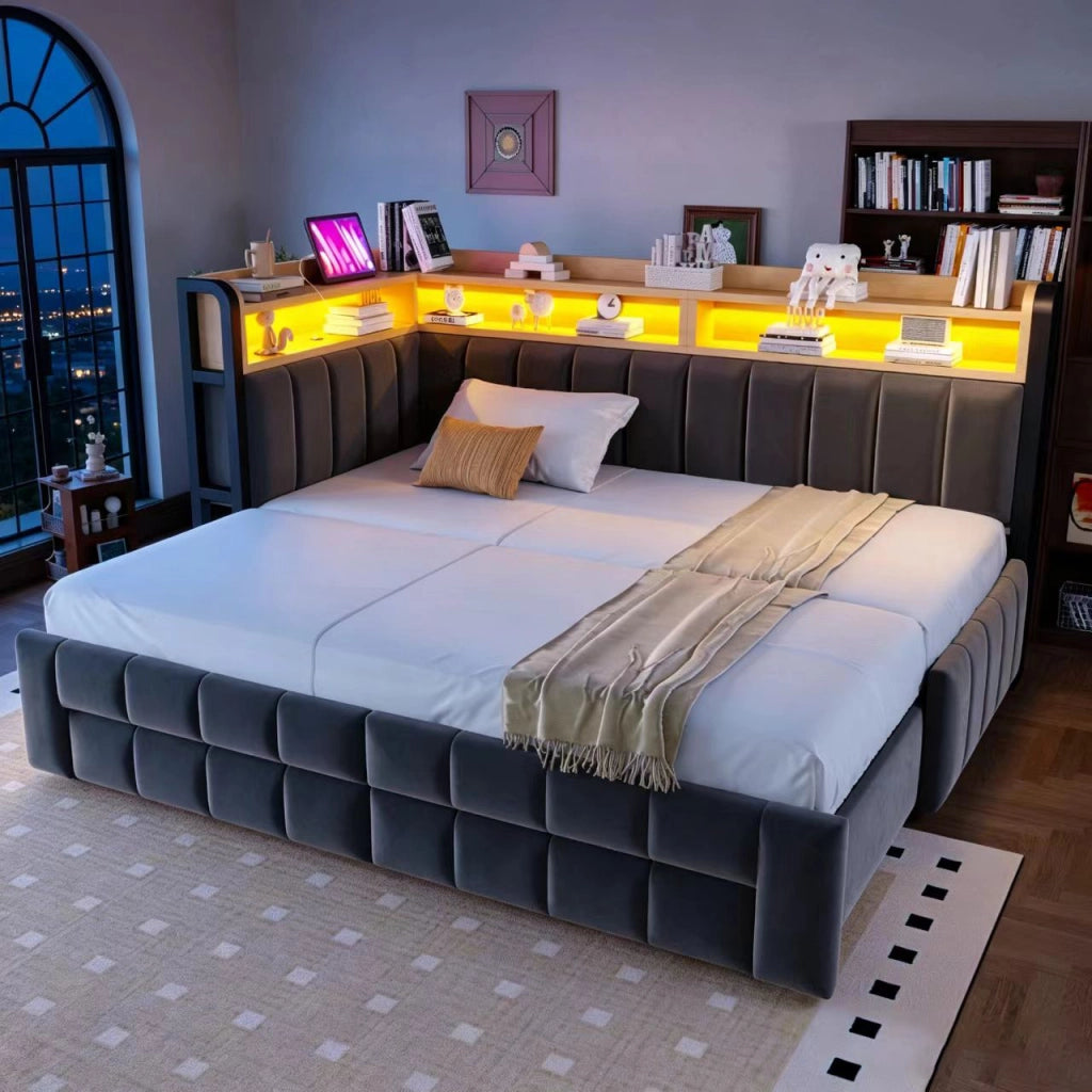 Divano letto imbottito 90x200 trasformabile 180x200, contenitori, cassetti, LED e USB/Type-C
