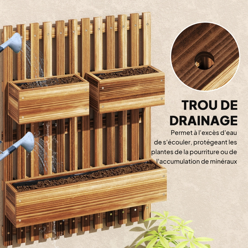 Fioriera da parete con 3 vasi in legno massello amovibili ¨C zephmum ¨C 60x16x80 cm