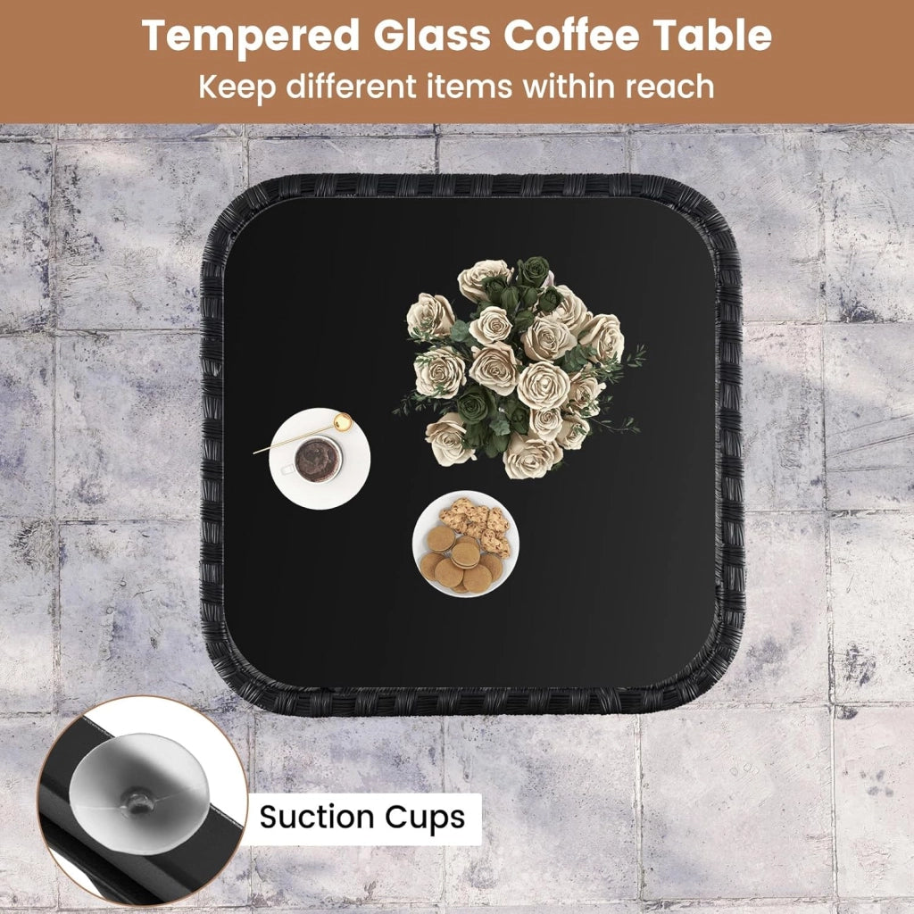 Set di mobili da giardino 3 pezzi, set da bistrot in rattan, 2 sedie imbottite e tavolino da caffè con piano in vetro temperato, per terrazza, patio, balcone, colore nero