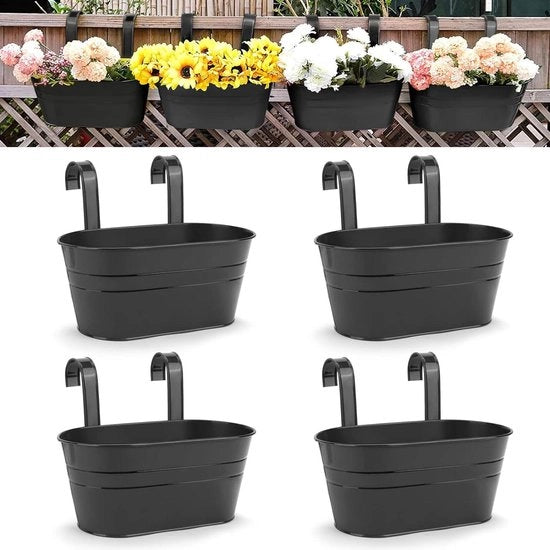 Piantiera - Cassetta per piante Grande vaso pendente per piante - piantiera metallica in ferro - per esterni ed interni - ringhiera cancello balcone - arredamento - chiodi rimovibili - nero - set da 4 pezzi