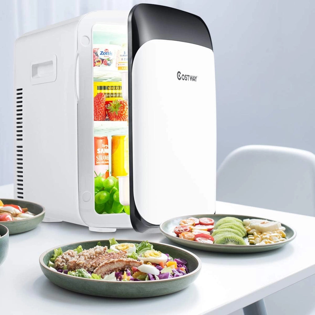 Mini Frigorifero Elettrico 15L, Funzione Caldo e Freddo, Mini frigo per Casa Auto Ufficio e Dormitorio, Prese Incluse, DC 12V/AC 220-240V, 27 x 33 x 38 cm (Bianco)