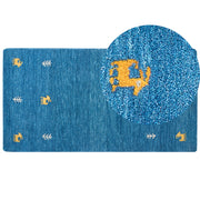 Tappeto Gabbeh in lana blu 80 x 150 cm, trapuntato a mano con motivi animali occidentali e design rustico