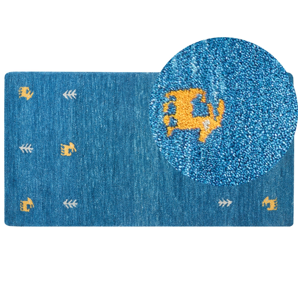 Tappeto Gabbeh in lana blu 80 x 150 cm, trapuntato a mano con motivi animali occidentali e design rustico