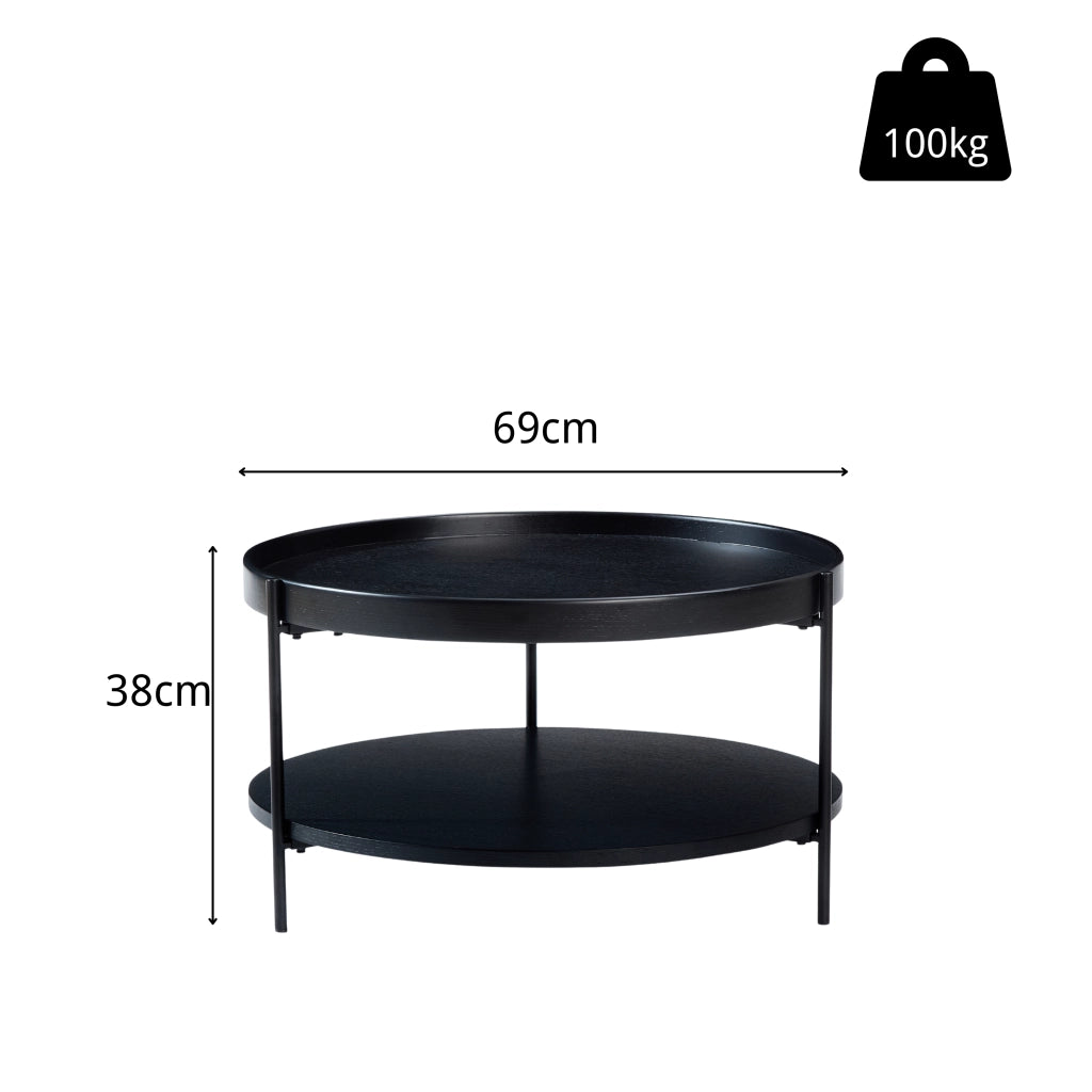 TAVOLINO DA SALOTTO Rotondo 69x69x38 cm Nero in legno massello e MDF