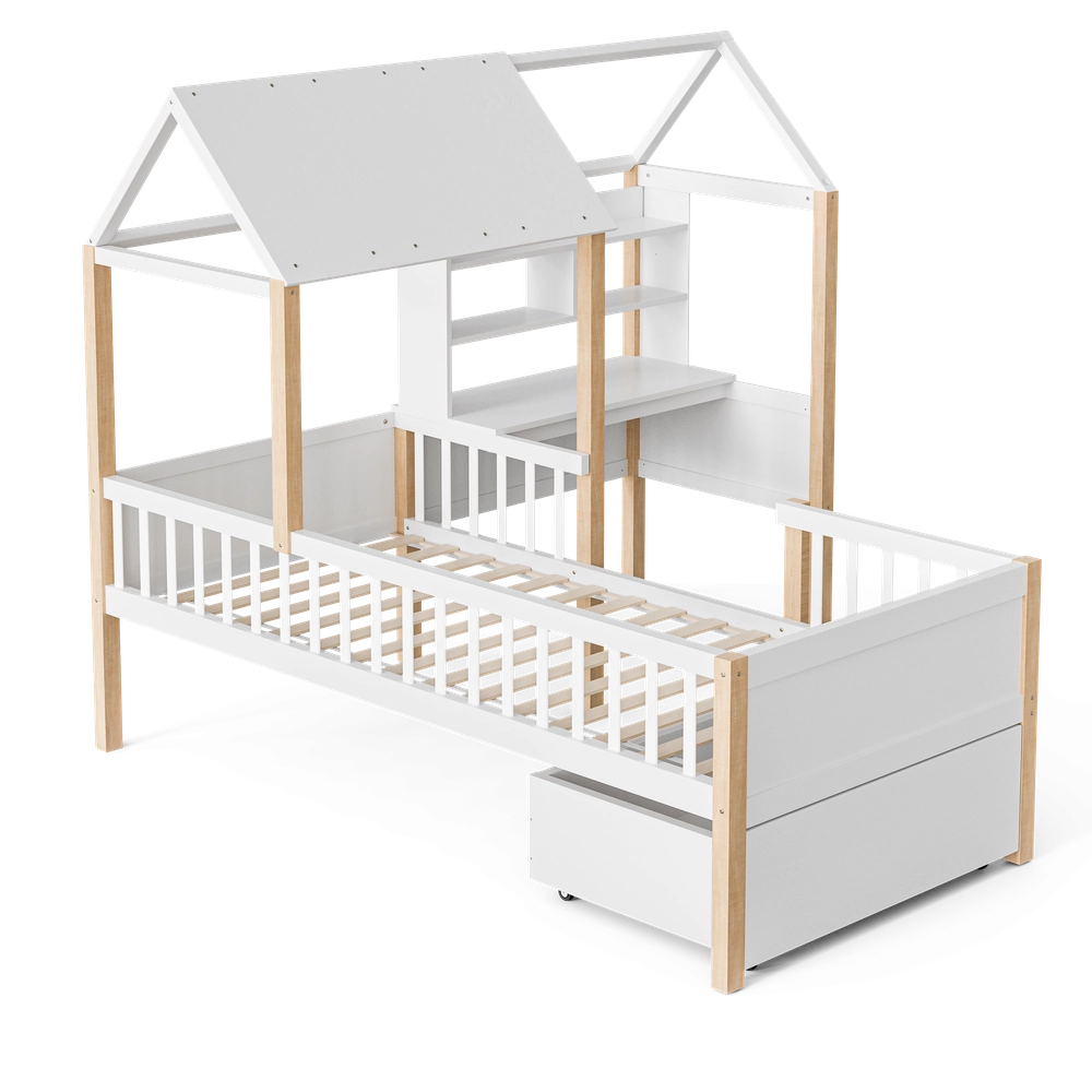 Letto Casetta Bambini con Scrivania e Libreria ¨C MINIMAL ¨C Massello Bianco 90x200