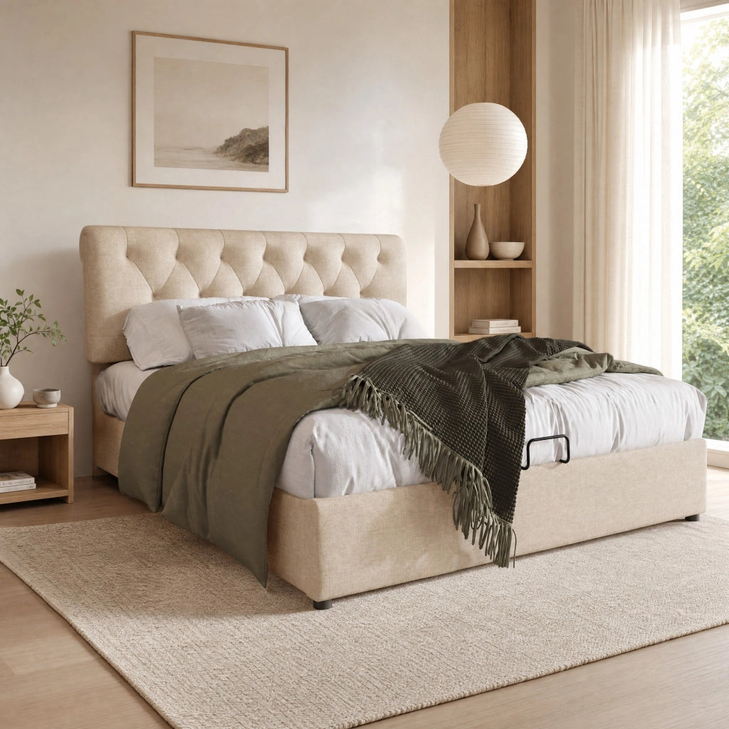 LETTO matrimoniale contenitore idraulico 140x200 cm in lino naturale con materasso incluso
