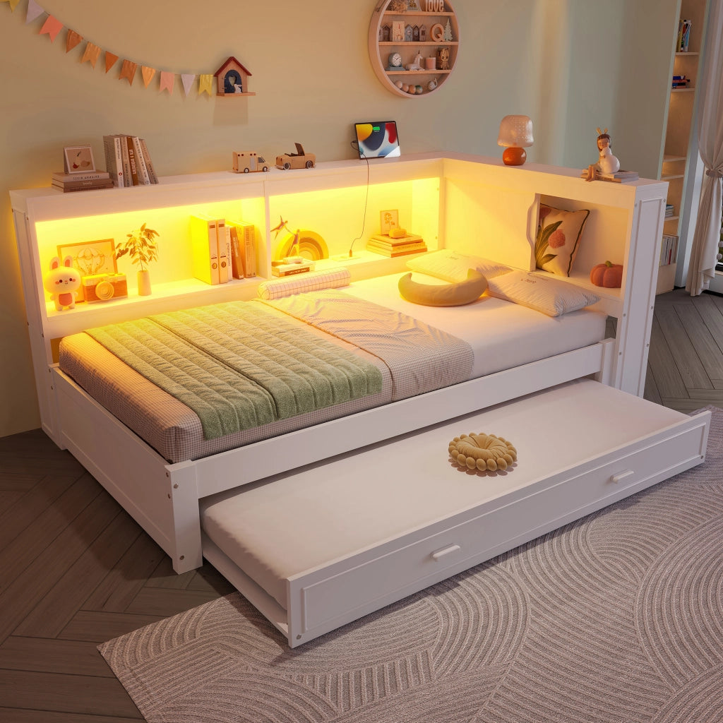 DESMIU Letto Divano 90 × 200 cm 1 posto con letto estraibile, LED, presa, USB e Type-C, senza materasso, bianco