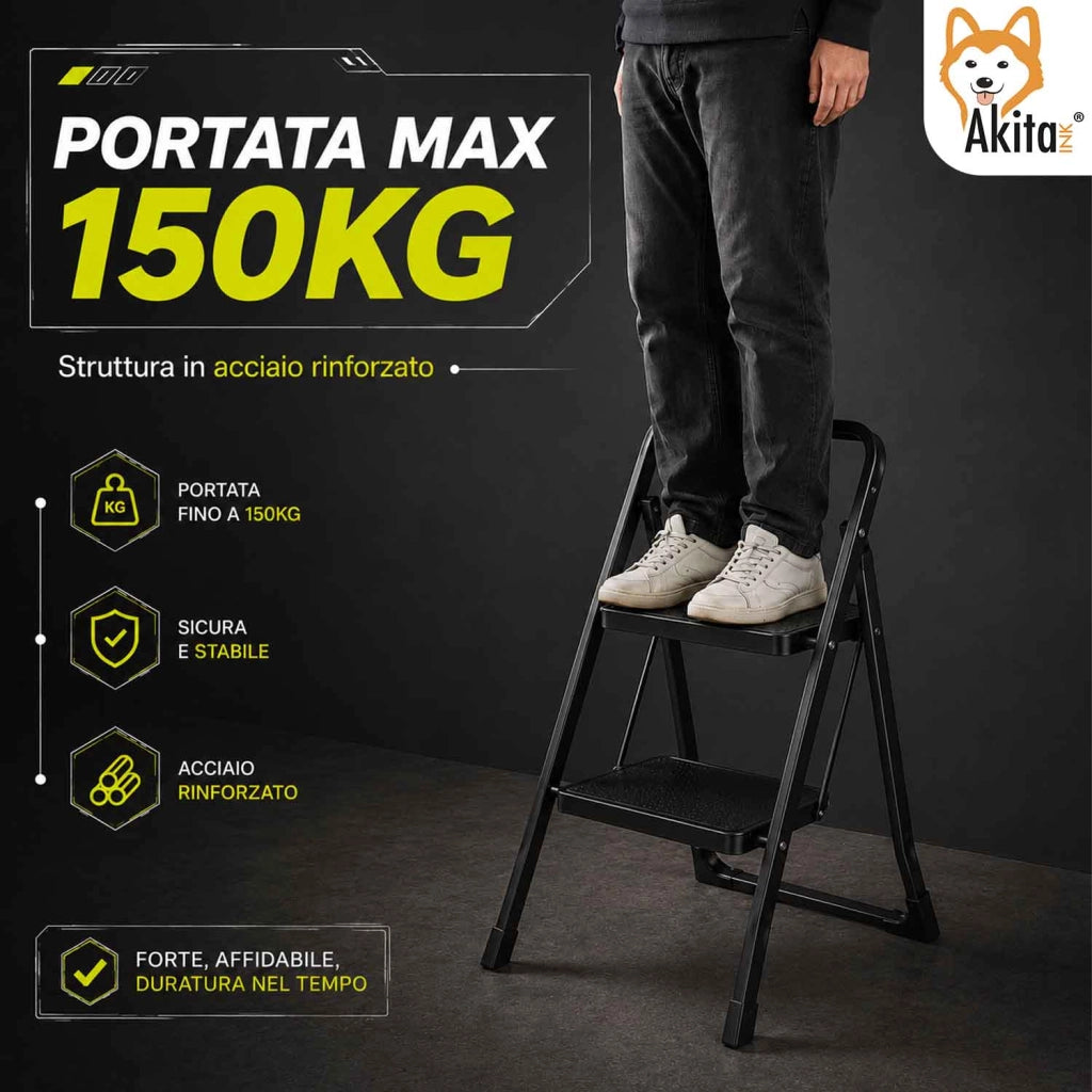 Akitaink Scaletta 2 Gradini Nera Acciaio Antiscivolo 150 Kg