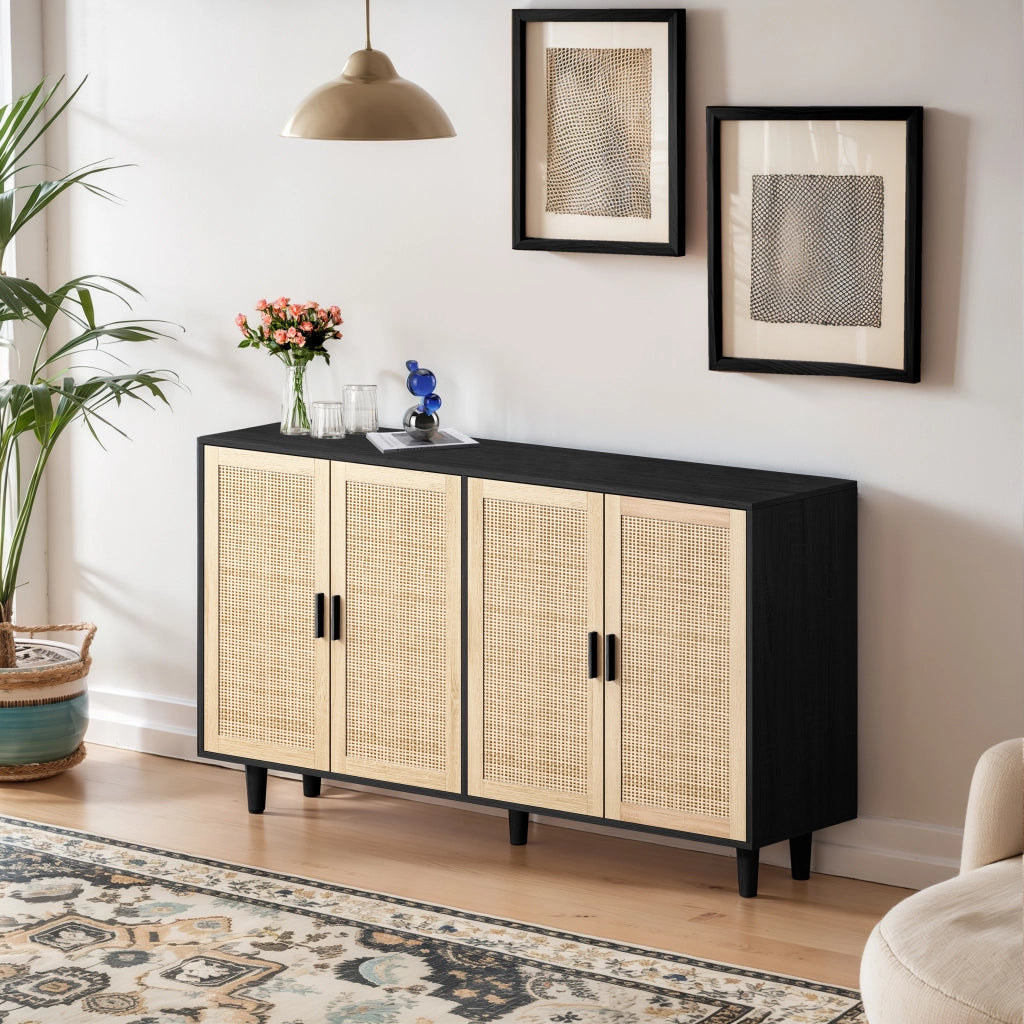 Armadio 4 Ante in Rattan ¨C Xylo ¨C Nero, Ripiani, Guardaroba, 158 cm