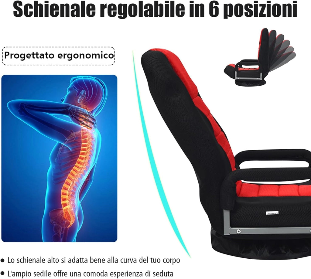 Poltrona Relax da Pavimento, Sedia da Pavimento Pieghevole, Sedia da Terra Girevole a 360°, per Salotto Camera da Letto, Portata 140 kg (Rosso)