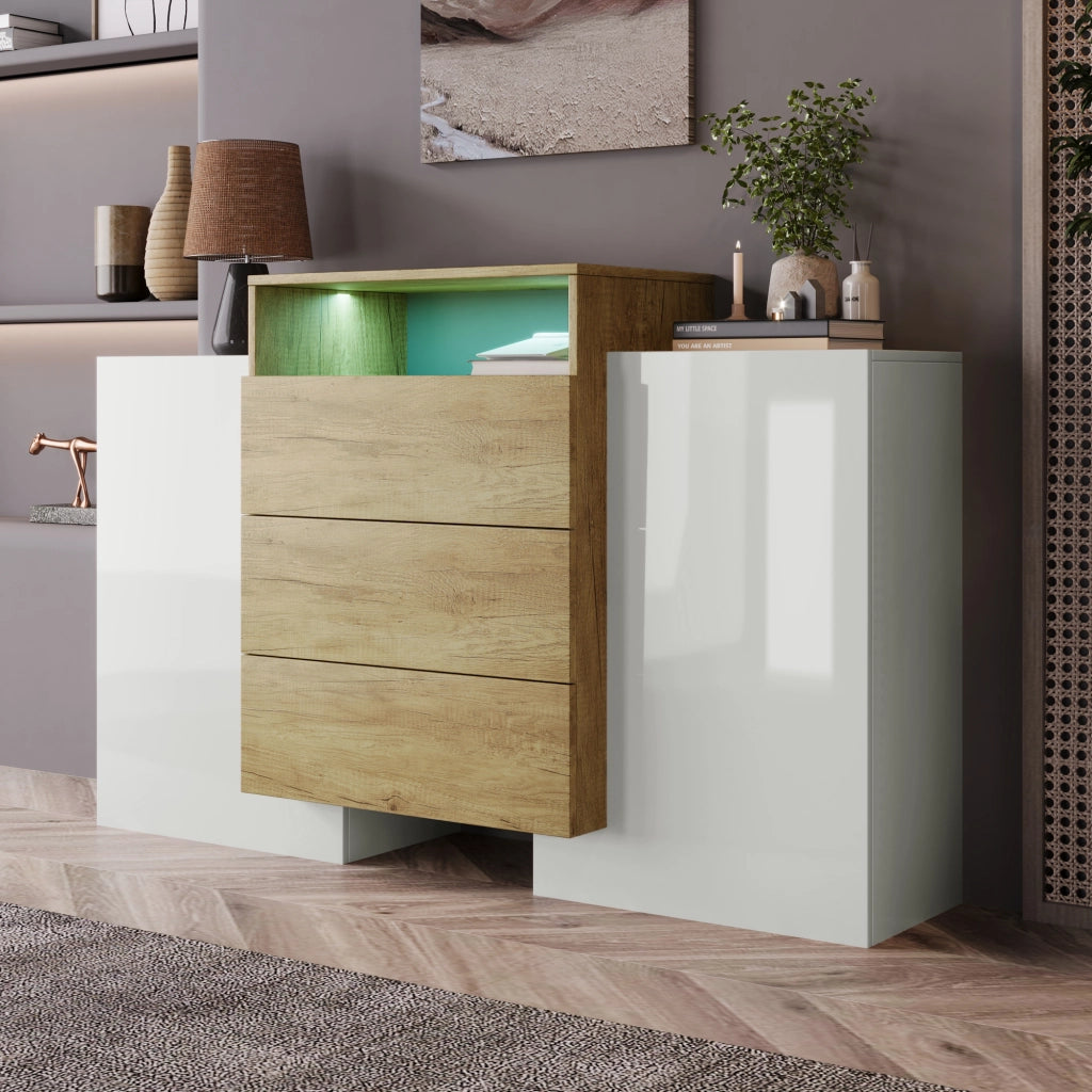 Credenza Moderna con LED ¨C MINIMAL ¨C Bianco Lucido e Legno 140cm