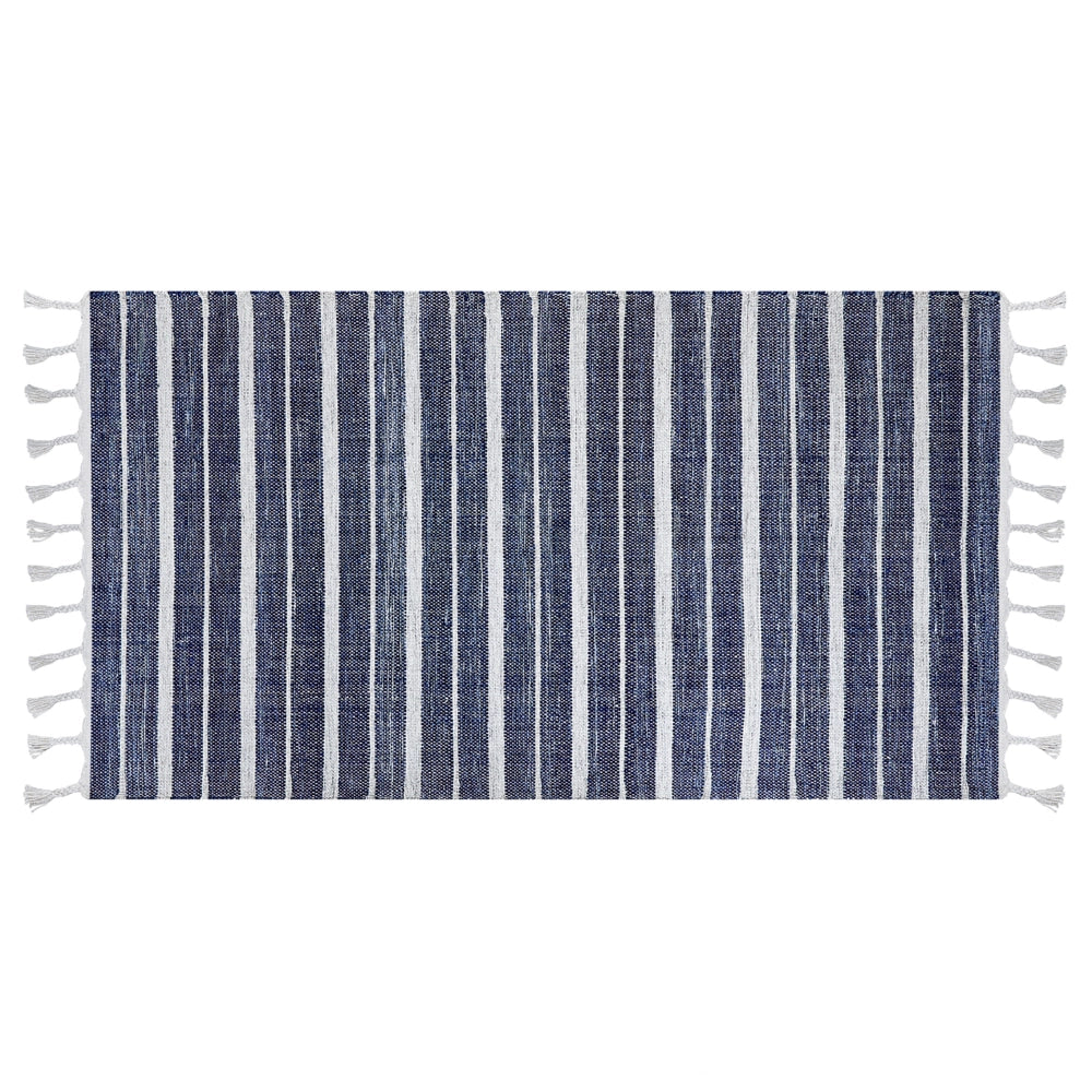 Tappeto blu 80 x 150 cm per soggiorno e camera da letto con frange a righe