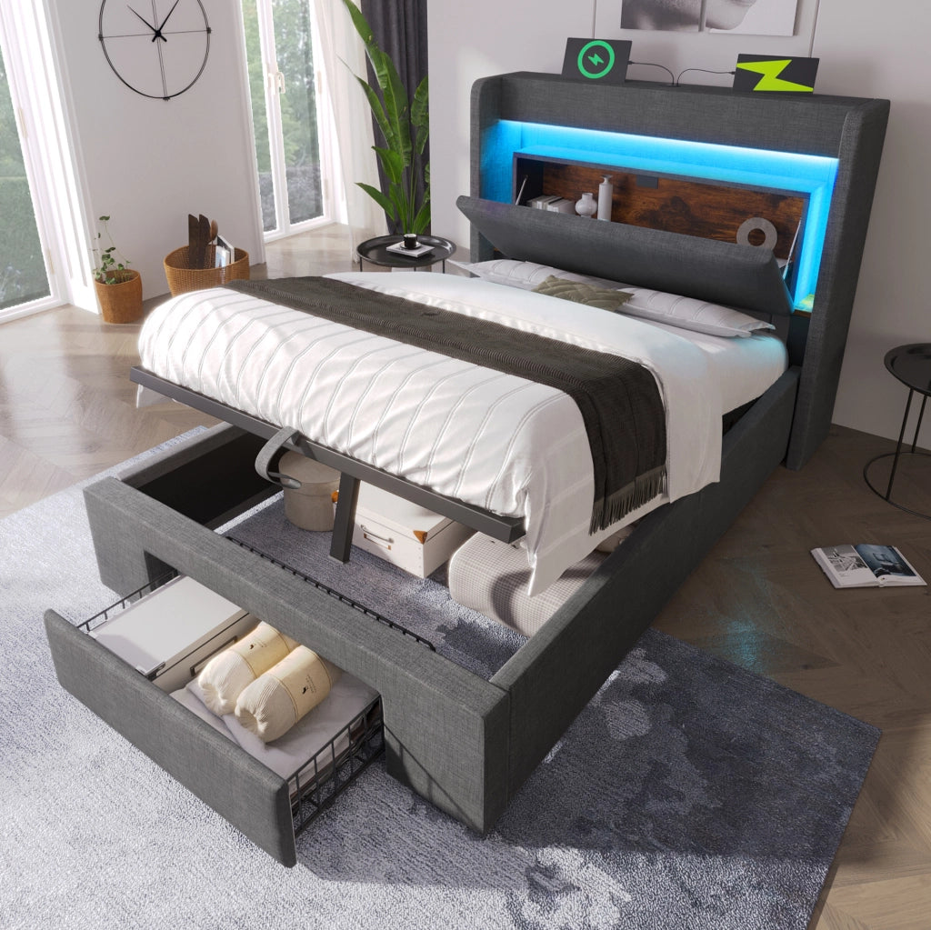 Letto imbottito 90x200 cm con contenitore idraulico, LED, USB e USB-C, grigio
