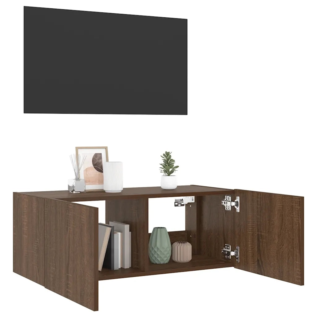 Mobile TV a Parete con Luci LED Rovere Marrone 80x35x31 cm