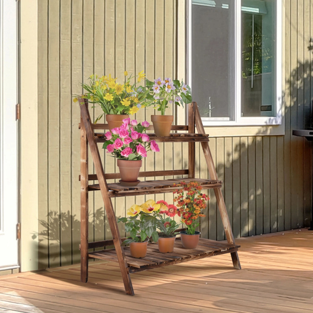 EasyComfort Portapiante Pieghevole Portavasi in Legno di Abete con 3 Livelli Scaffale da Esterno per Piante Portafiori 100x37x93cm
