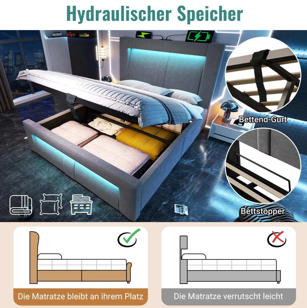 Letto singolo 90x200 cm con contenitore, LED e USB, grigio