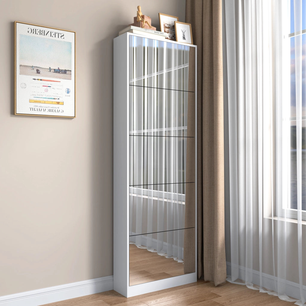 Scarpiera ultrassottile con specchio a figura intera 185 cm in MDF; bianca