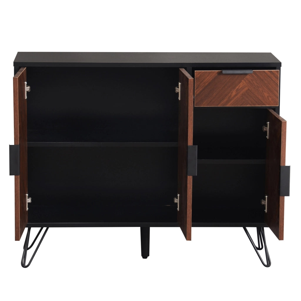 Credenza con 1 cassetto e ripiani regolabili in MDF e truciolare, nero e legno, per soggiorno, 90 × 30 × 71,5 cm
