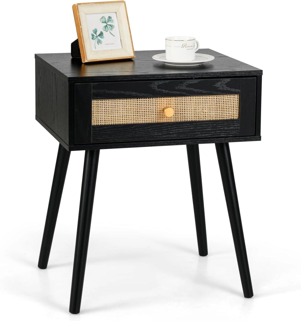 Comodino in Rattan 48 x 40 x 58 cm, Armadietto con Cassetto e Gambe in Legno Massello, Tavolino in Stile Boemia per Camera da Letto, Soggiorno e Salotto, Naturale