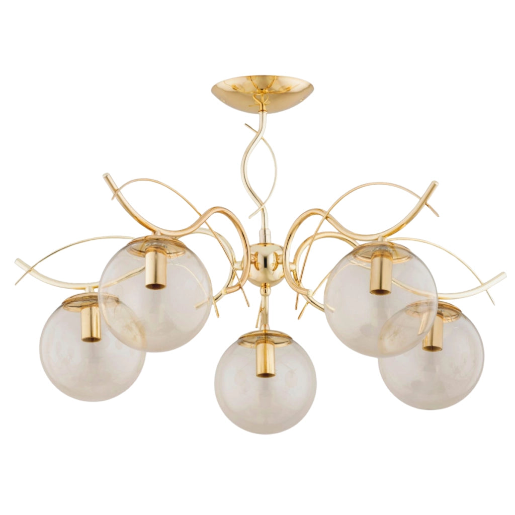 Plafoniera Panda ottone oro con sfere ambra 5xE14 Alfa