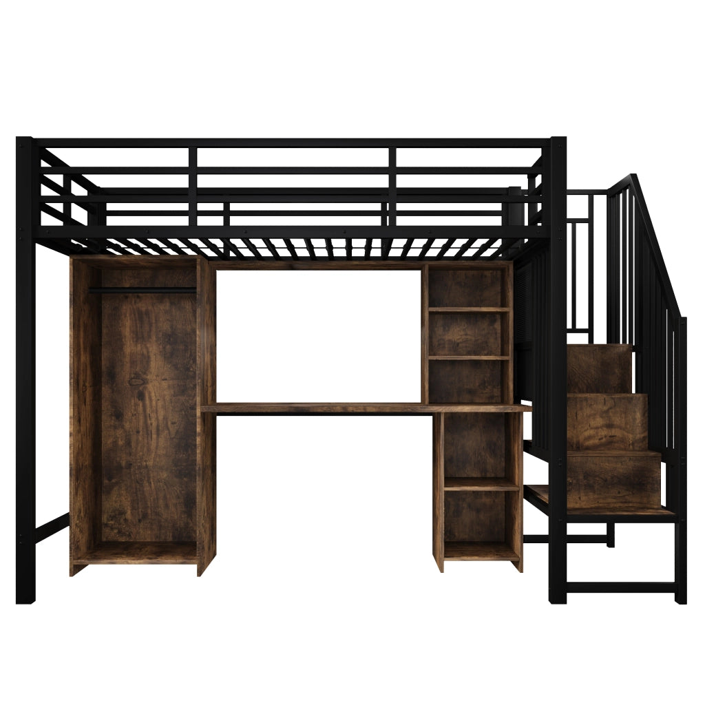 DESMIU Letto a Soppalco 1 Posto con Armadio, Scrivania, Vani Contenitori e Scala Contenitore 90 × 200 cm, Senza Materasso