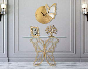 Console Butterfly 110x40x76 cm in Ferro e Vetro Oro