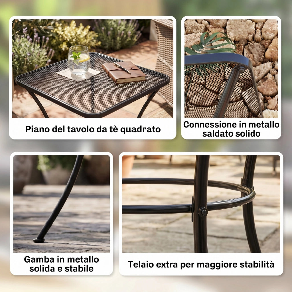 Tavolino da Giardino Quadrato in Acciaio con Piano Traforato, 45x45x50 cm, Nero