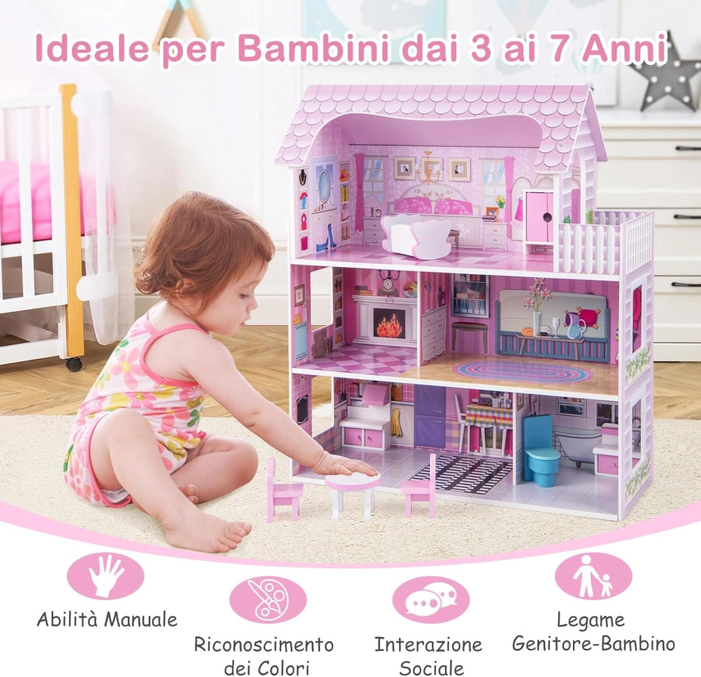 Casa delle Bambole in Legno per Bambina Giocattolo dei Bambini 3 Piani con Mobili e Accessori