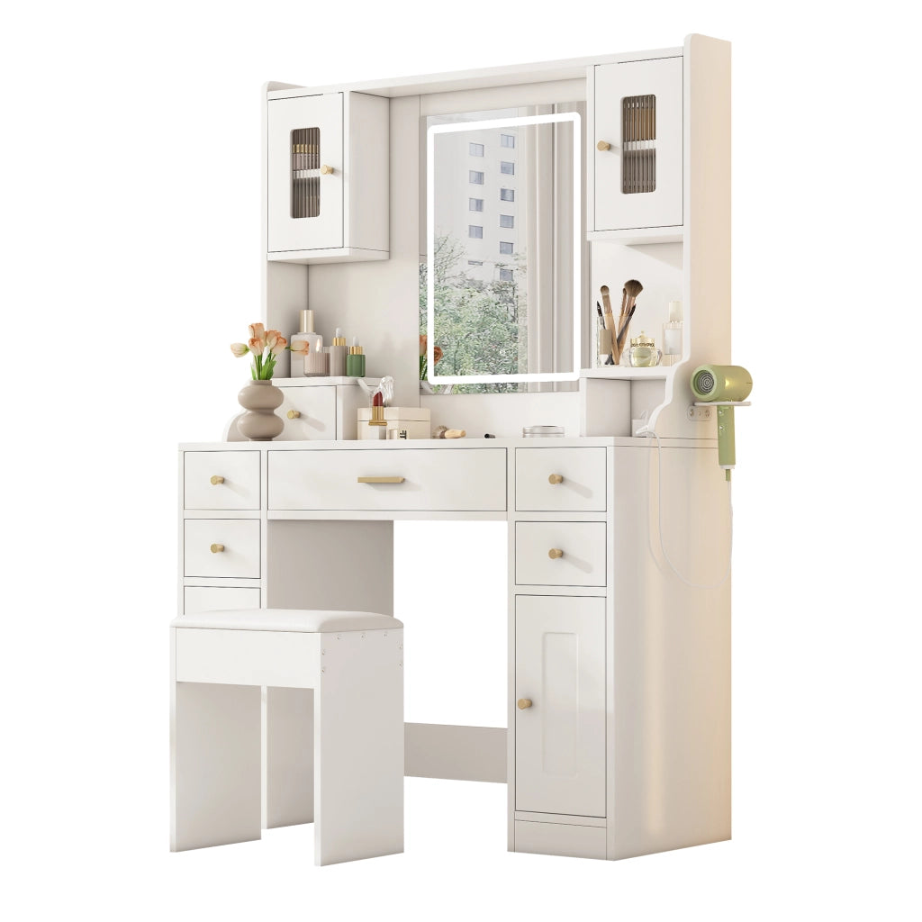 Scrivania Toeletta con Specchio LED, 6 Cassetti e 4 Porte ¨C MINIMAL ¨C Bianco, 105x152x40 cm