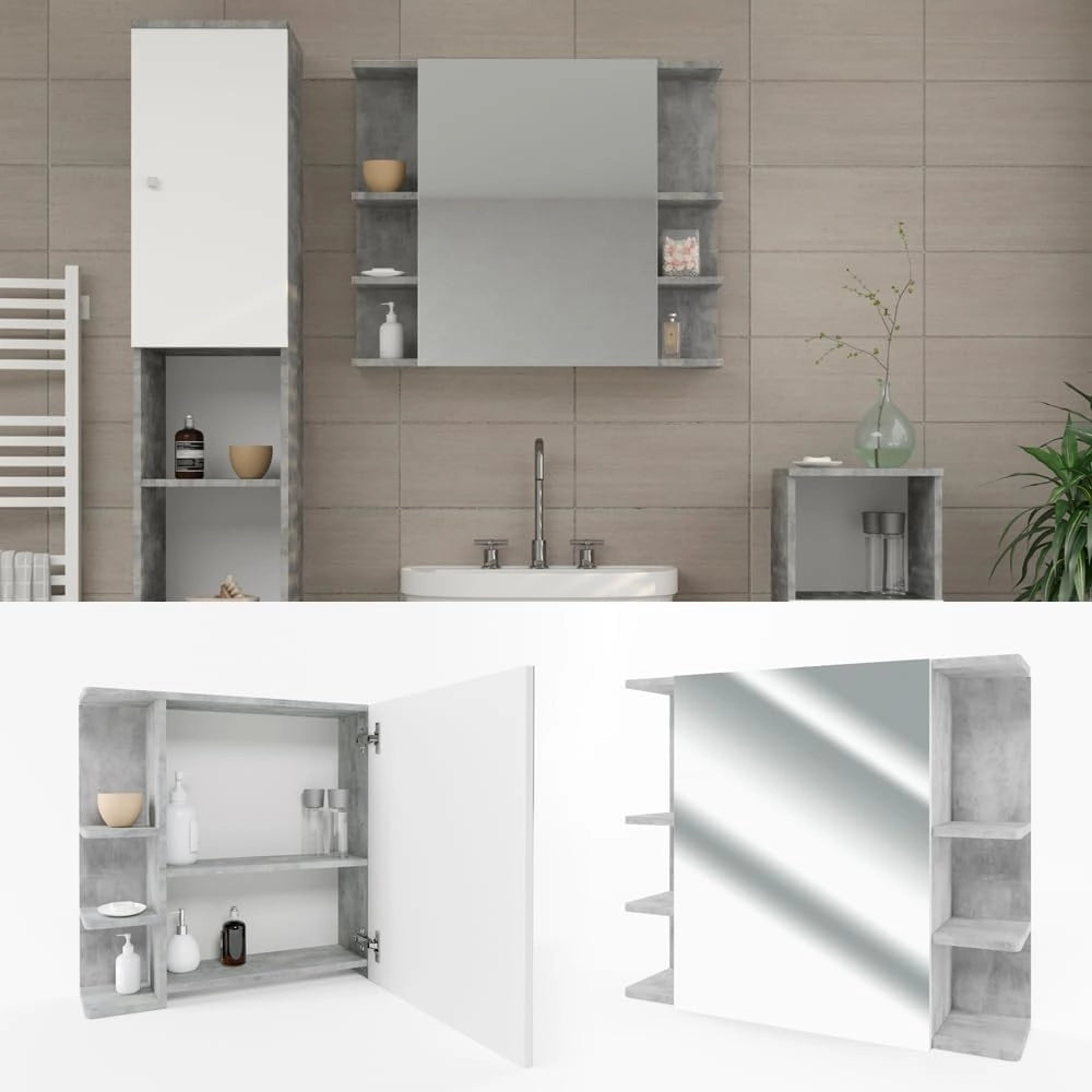 Specchio contenitore bagno Fynn, Calcestruzzo, 79.6 x 64 cm, con specchio e ripiani aperti per montaggio a parete