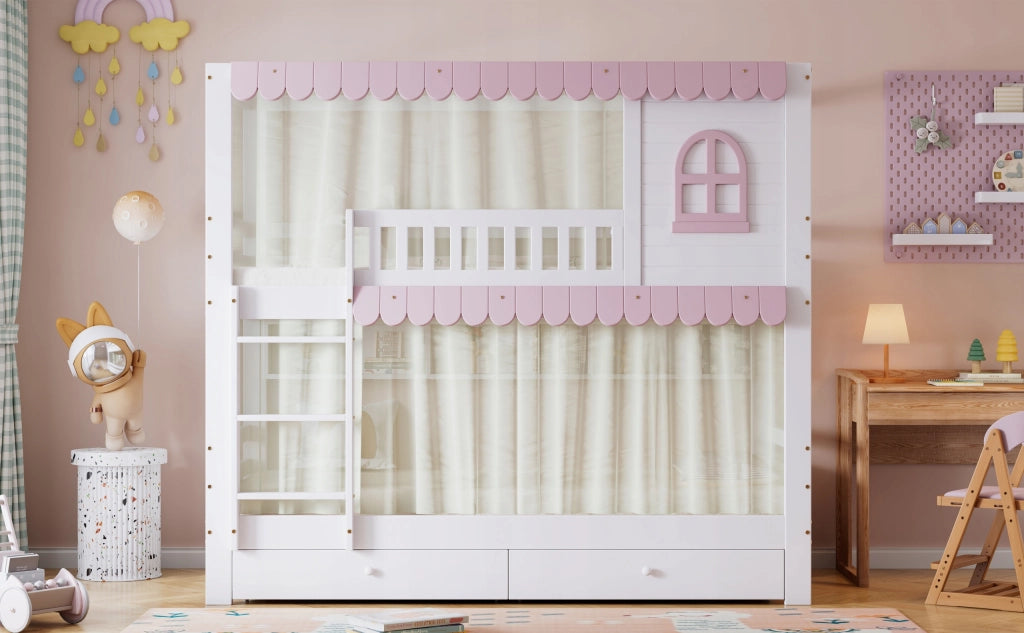 Letto a castello per bambini - Xylo - 90x200 - Bianco-rosa