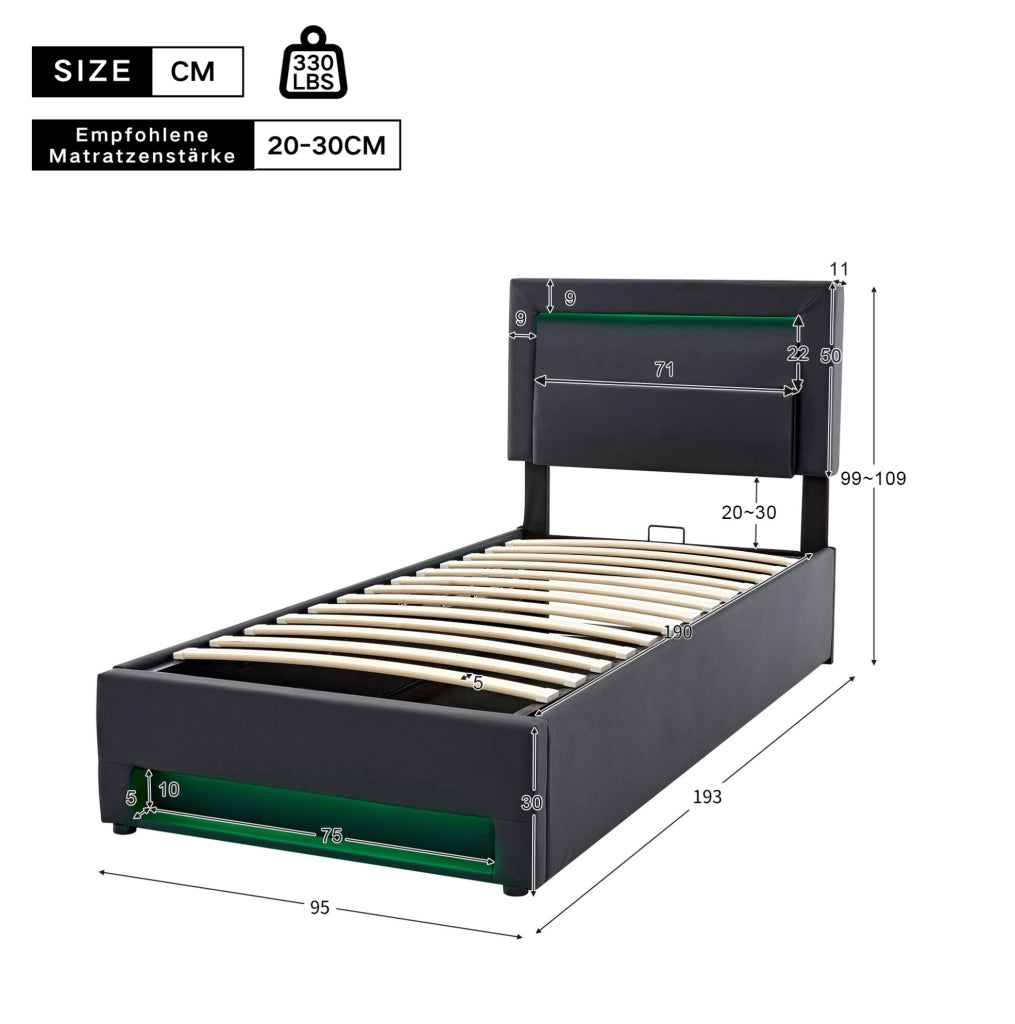 Letto imbottito 90x190 cm con contenitore, LED e ricarica USB in PU nero