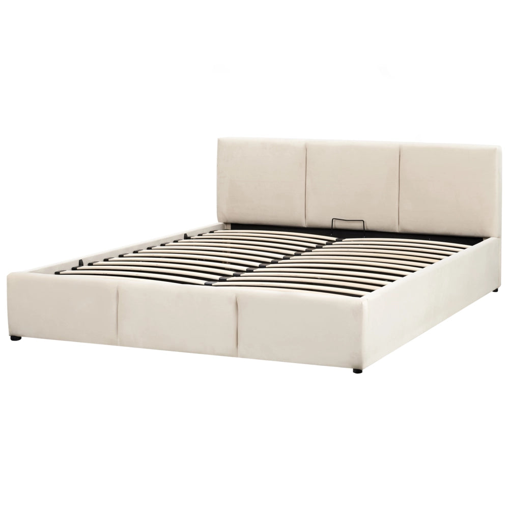 Letto Ottomano Beige Chiaro Velluto Tappezzato 160 x 200 cm Testiera Travestita Funzione Contenitore