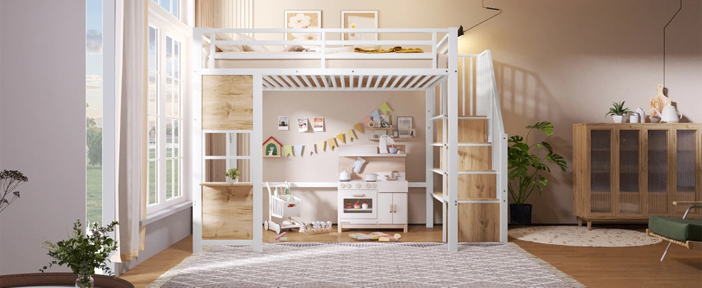 Letto a soppalco 140 × 200 cm con scala contenitore, spazio giochi aperto e vano laterale, senza materasso, bianco