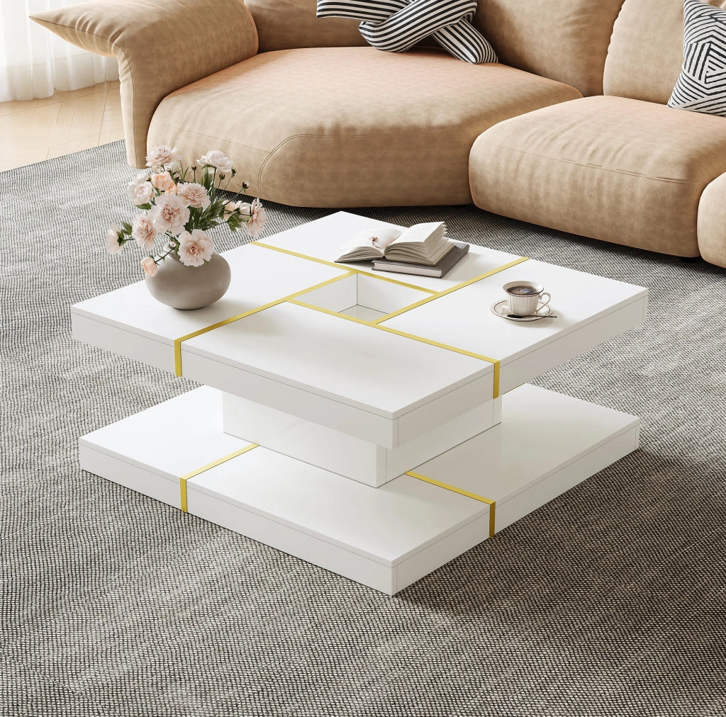 Tavolino da caffè a 2 livelli bianco 80x80 cm con dettagli dorati