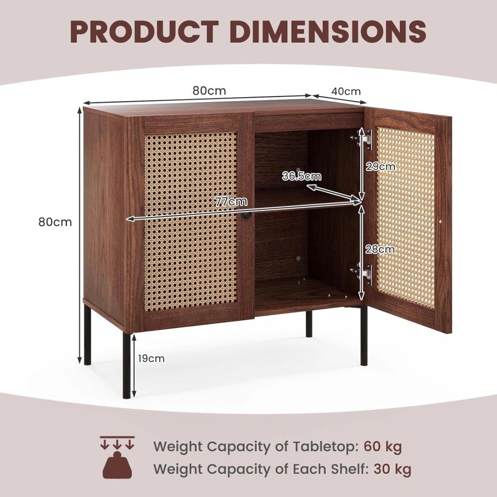 Credenza, credenza, credenza, credenza da cucina, con 2 ante e scomparti regolabili, armadietto a buffet, in legno e rattan, 80 cm x 40 cm x 80 cm (marrone)