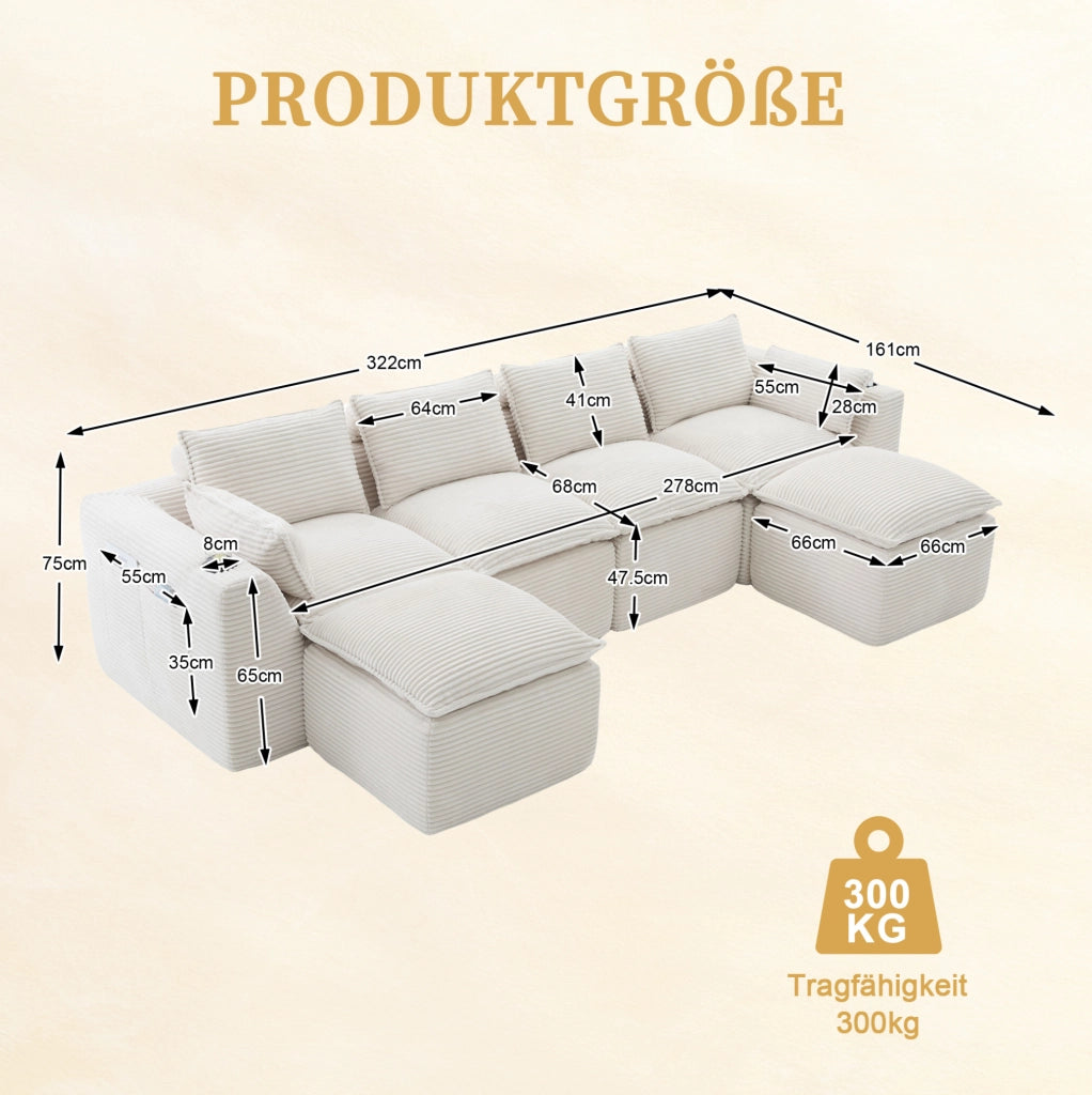 Divano modulare 4 posti con pouf, tessuto a coste beige, cuscini, portabicchieri e tasche laterali