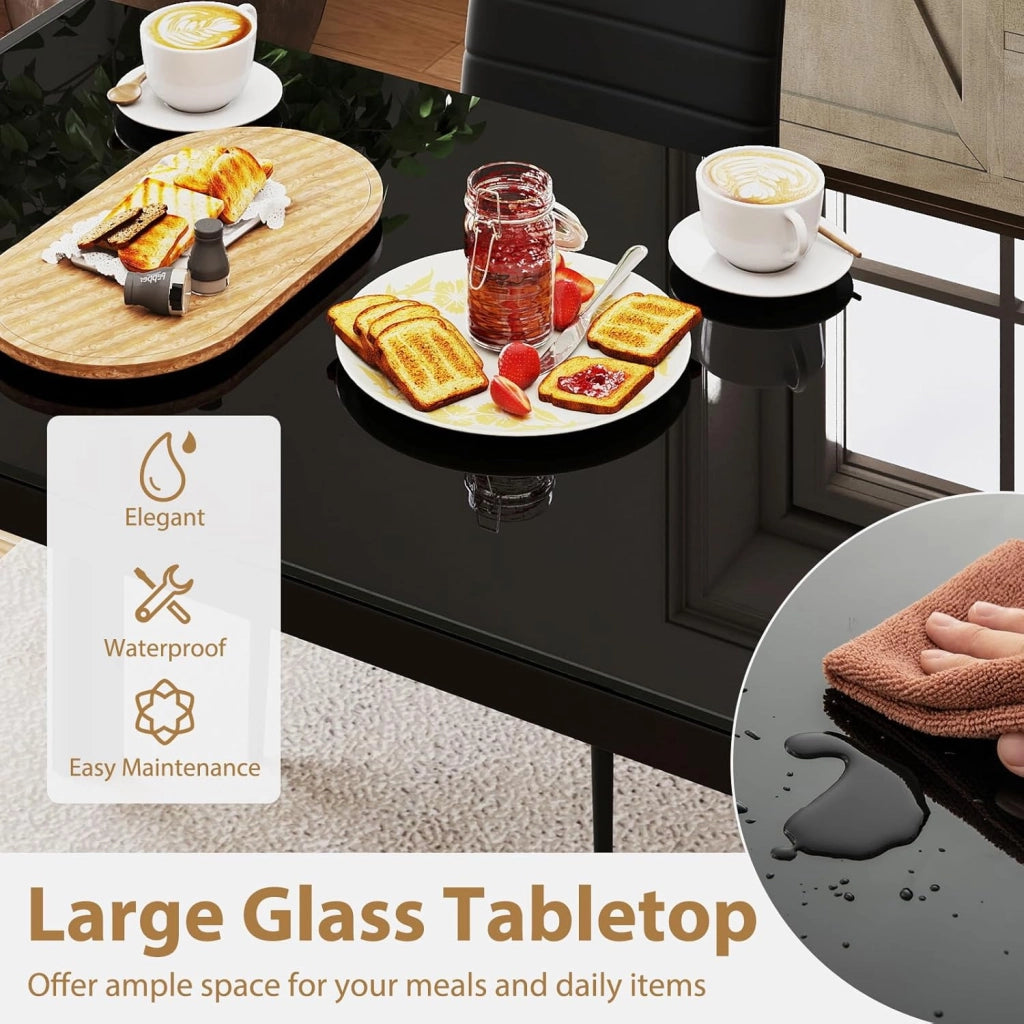 Tavolo da pranzo rettangolare, 120 x 70 x 75 cm, gambe in metallo robusto e piano in vetro temperato, portata fino a 90 kg, tavolo moderno da cucina (nero)