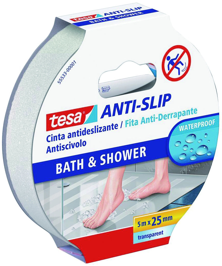 Tesa NASTRO ANTISDRUCCIOLO ADESIVO PER BAGNO E DOCCIA mm. 25x5 mt. col. Trasparente 6.00 rotoli
