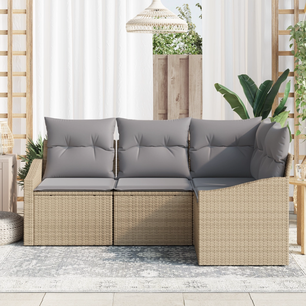Set da Pranzo Giardino 4 Pezzi con Cuscini Beige in Rattan Sintetico