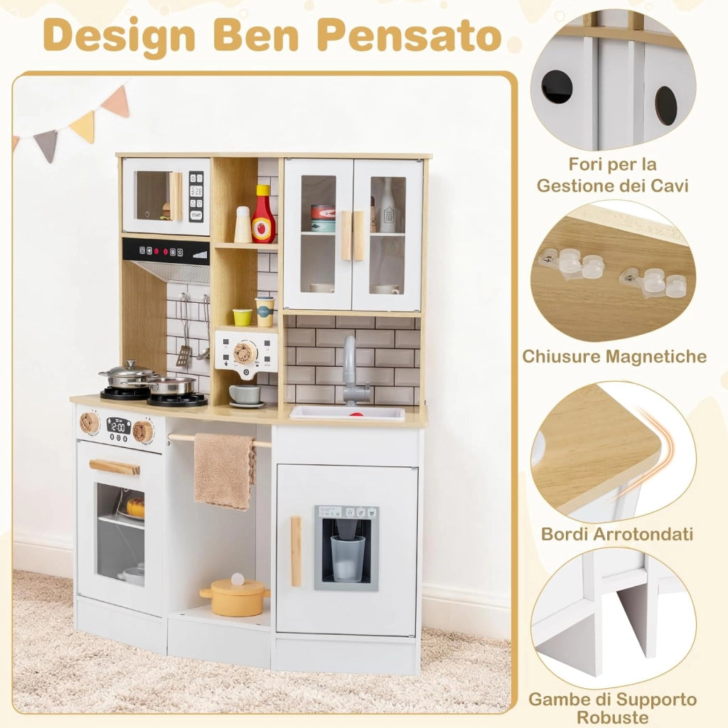 Cucina Giocattolo per Bambini, Cucinetta in Legno con Suoni e Luci, Fornello, Lavandino, Macchina del Caffè, Gioco Cucina di Ruolo per Bambini 3+ Anni (Naturale)
