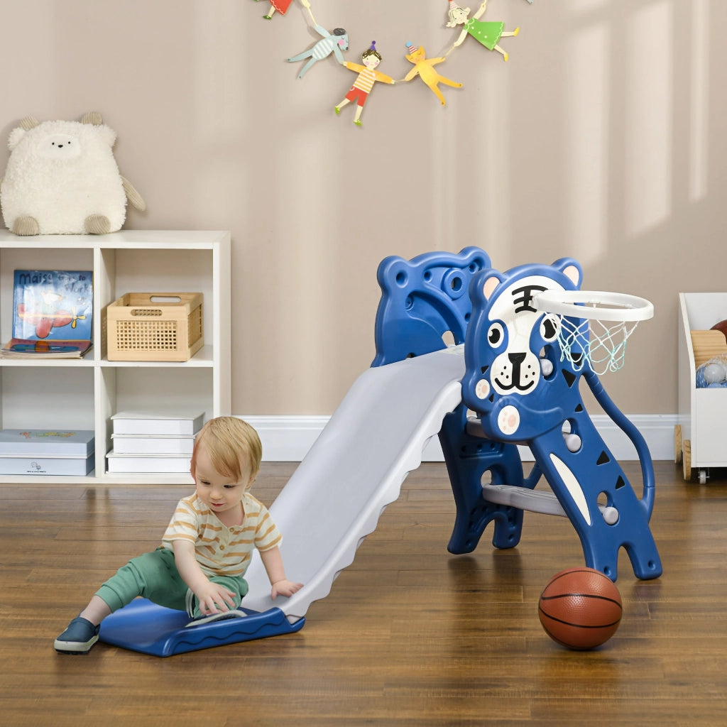 Scivolo per Bambini 133x60x70 cm con Canestro Laterale in PE Blu e Grigio