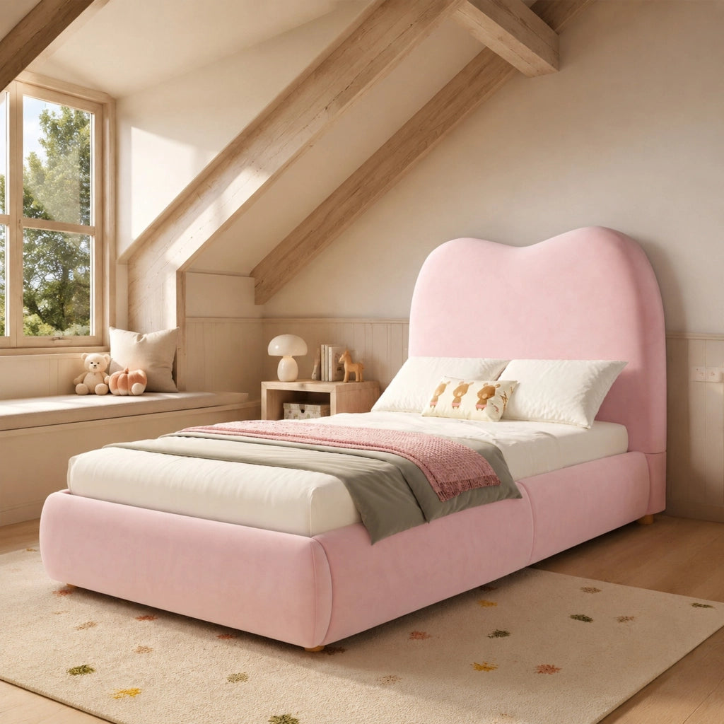 Letto imbottito singolo per bambini 90x200 cm in velluto rosa con contenitore idraulico e rete a doghe