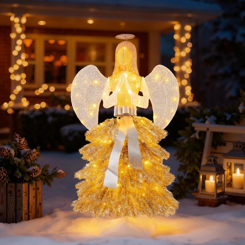 Angelo di Natale per esterni, 157 cm, decorazione natalizia illuminata, grande angelo con albero di Natale, stile abito, 150 luci LED, decorazione natalizia, statuetta di Natale XL