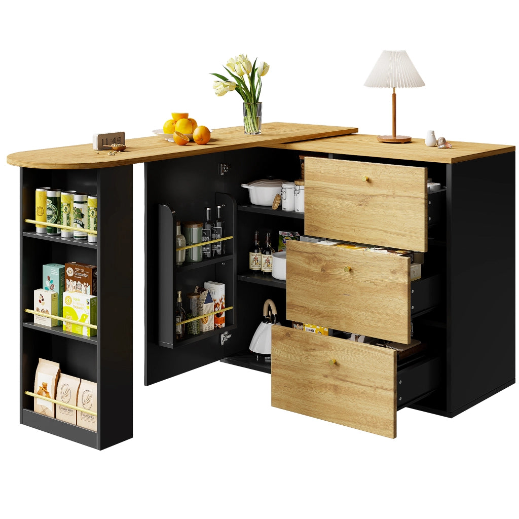 Tavolo da Bar con 3 Cassetti e 3 Ripiani Girevole ed Estensibile per Cucina Soggiorno Studio in MDF Nero