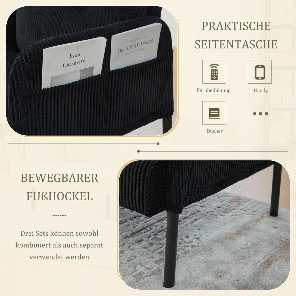 Divano a tre posti in velluto a coste con schienale ergonomico, tasca laterale e struttura in metallo nero 171 × 72 × 80 cm