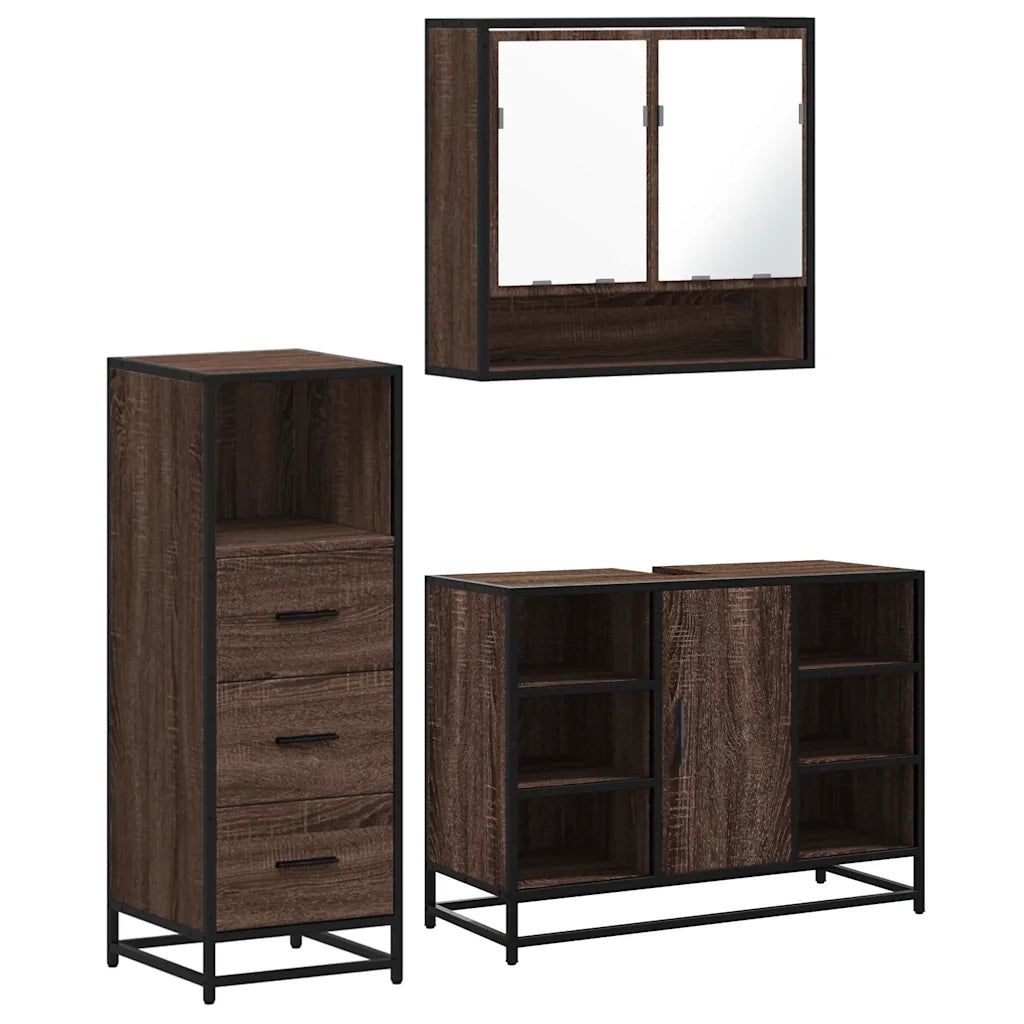 Set Mobili da Bagno 3 pz Rovere Marrone in Legno Multistrato