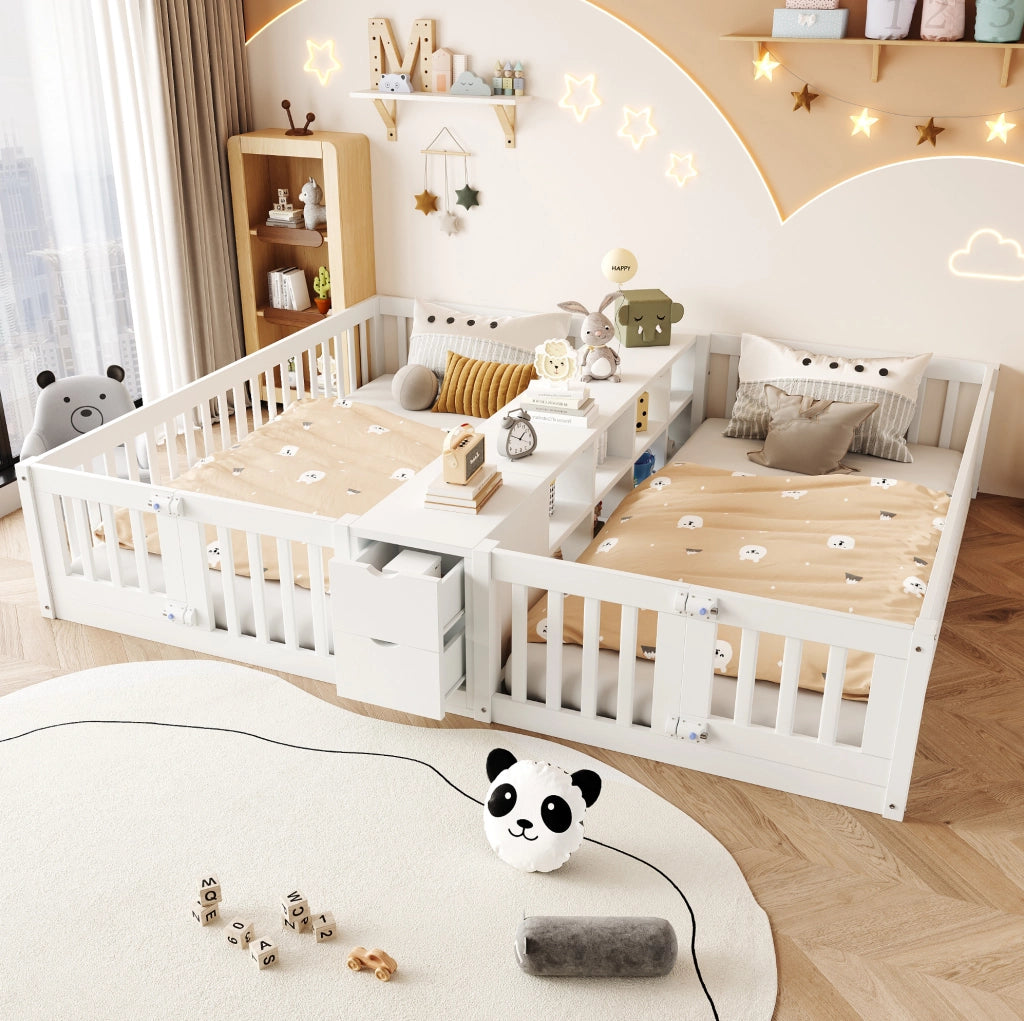Letto 90x200 cm con ripiani e cassetti; sponde alte in legno bianco
