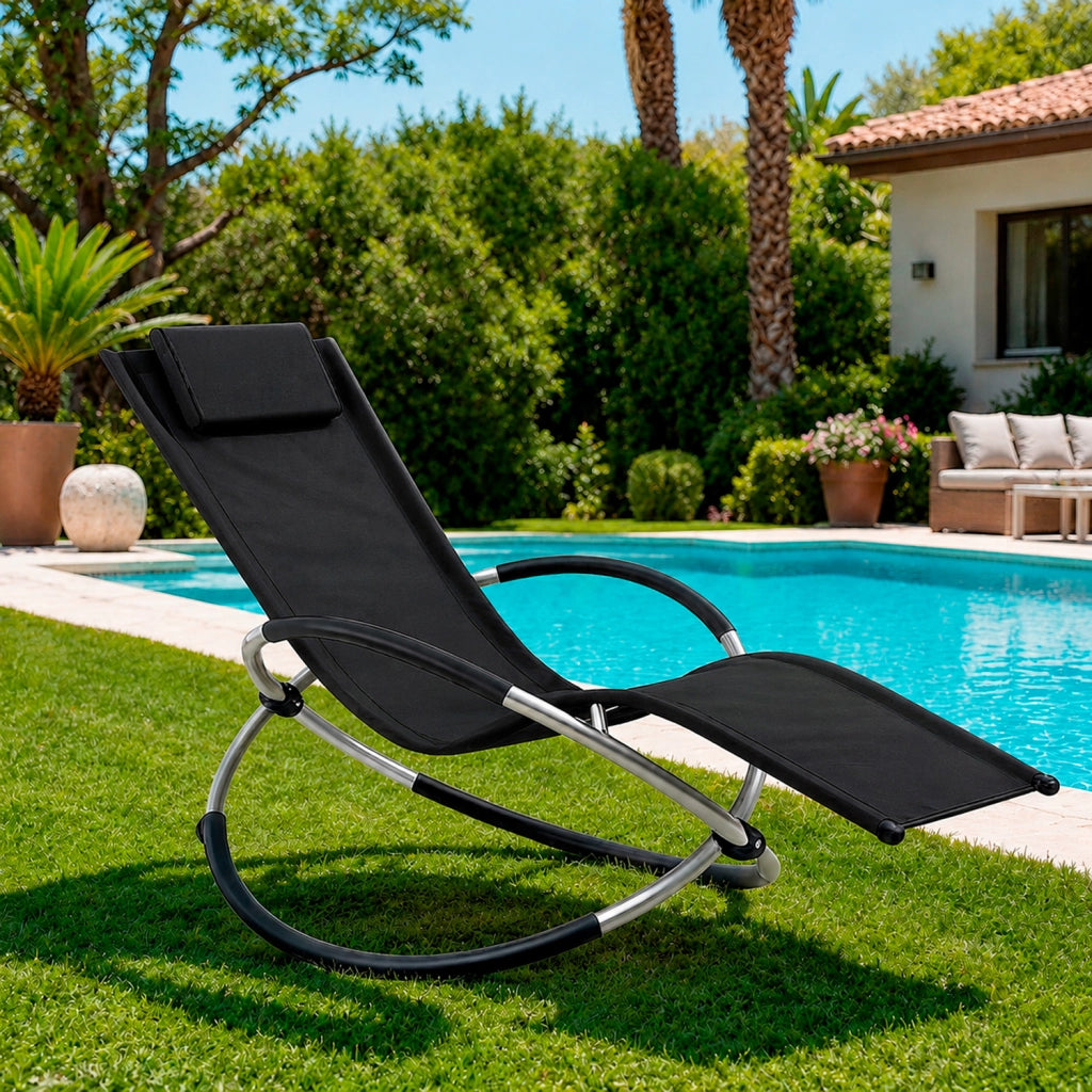Dondolo Reclinabile Da Giardino Con Poggiatesta Removibile In Textilene Traspirante Telaio Metallo Relax Outdoor 73 x 150 x 93 Cm Nero