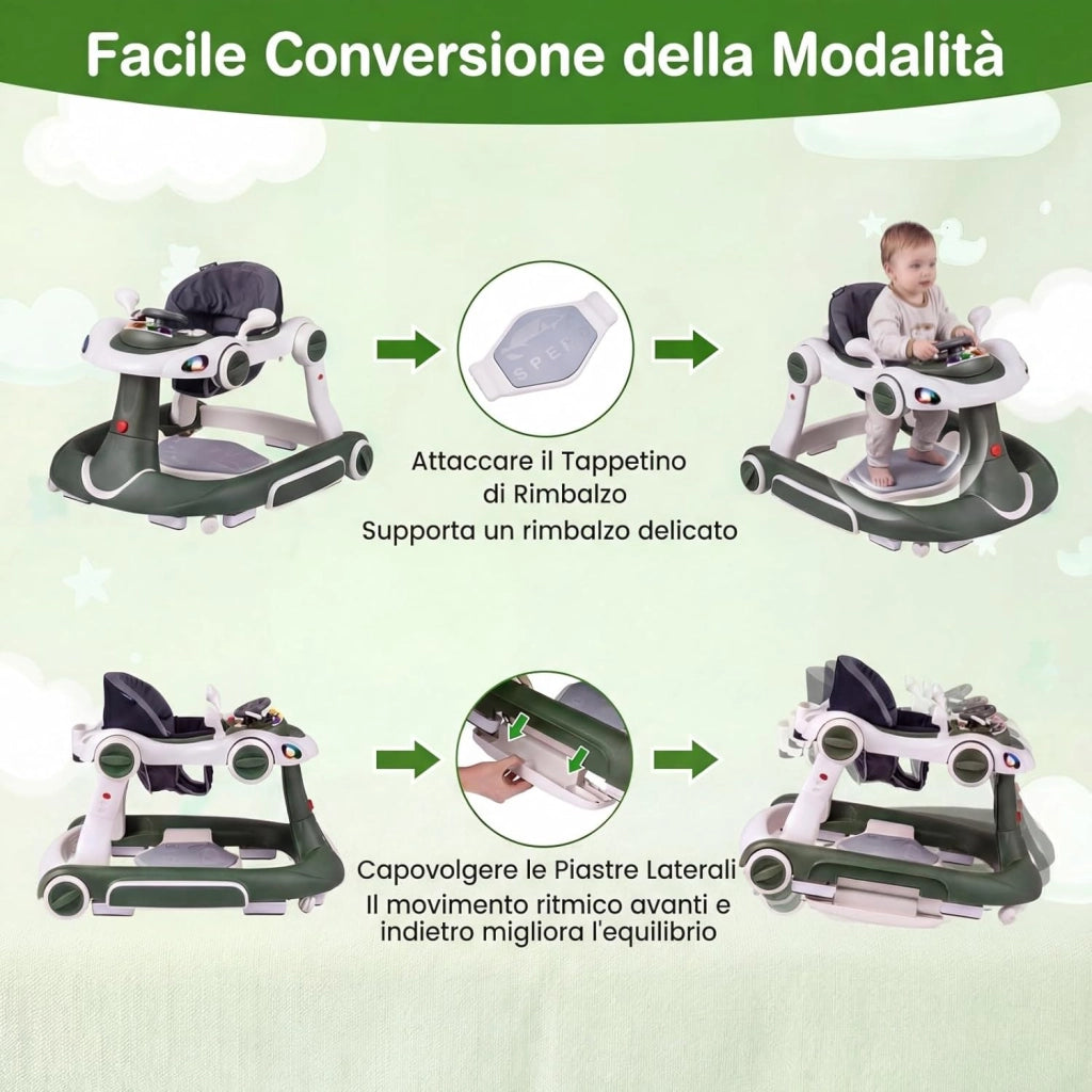 Girello per Bambini 6-in-1 Evolutivo, Centro Attività Pieghevole con Maniglia, Regolazione Altezza/Velocità, con Musica, Luci Tenda, per Neonati 6-18 Mesi (Verde+Bianco)